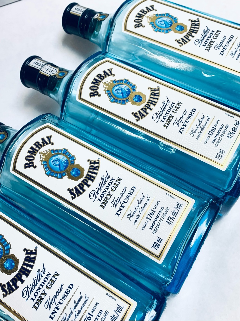 4 Bombay Sapphire London Dry Gin EMPTY Bottle W Cap 750ml Craft Blue Glass Prop